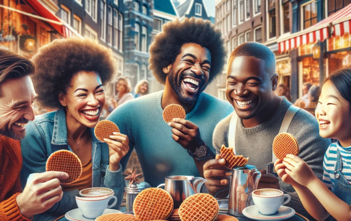 A lively and engaging scene in Amsterdam featuring people enjoying stroopwafels