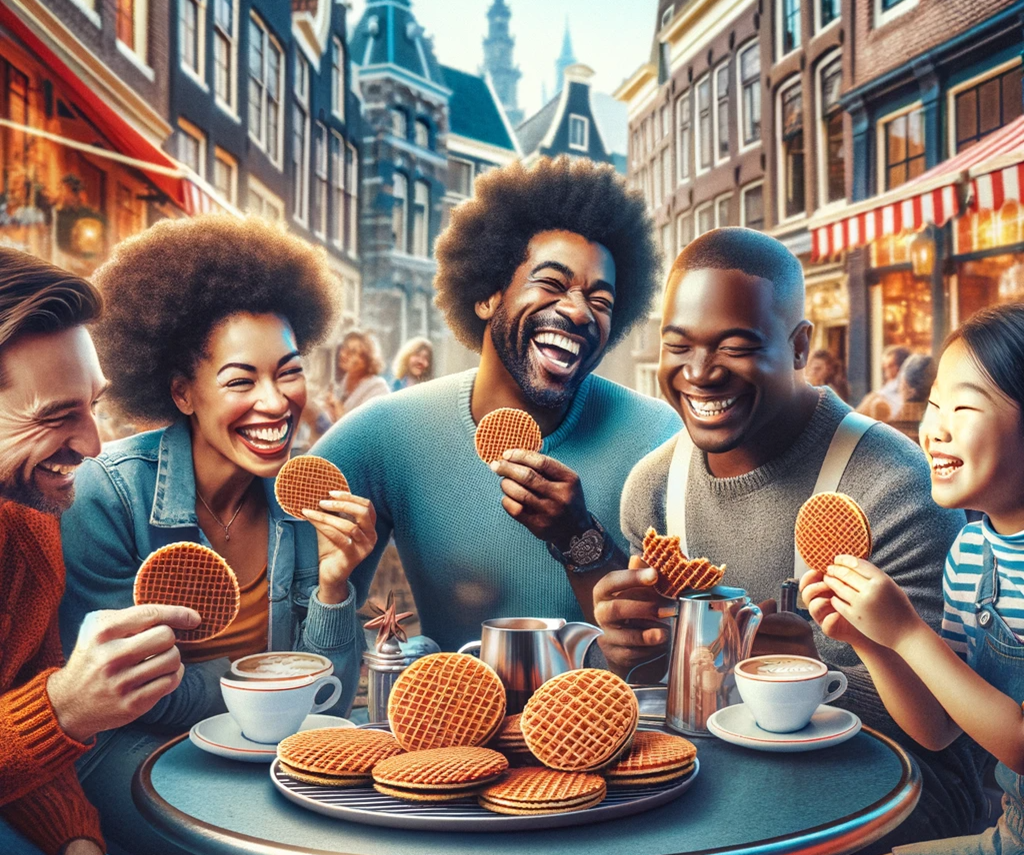 A lively and engaging scene in Amsterdam featuring people enjoying stroopwafels