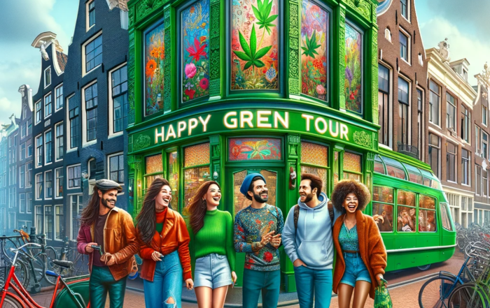 A vibrant and captivating image representing the 'Happy Green Tour' in Amsterdam.
