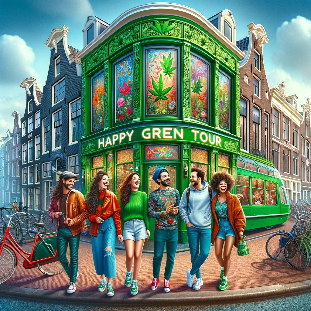 A vibrant and captivating image representing the 'Happy Green Tour' in Amsterdam.