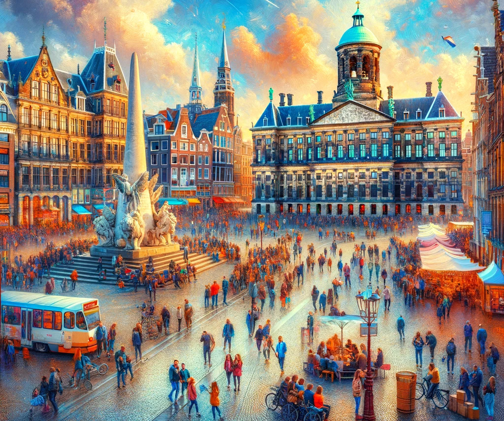 A vibrant and picturesque image of Dam Square in Amsterdam.