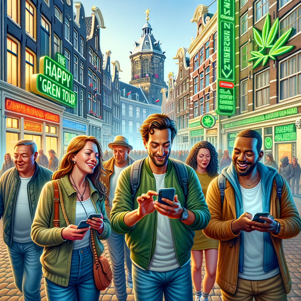An engaging and lively scene depicting the 'Happy Green Tour' in Amsterdam.