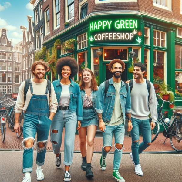 A cheerful scene of a 'Happy Green Tour' in Amsterdam, featuring a visit to the city's most famous coffeeshop.